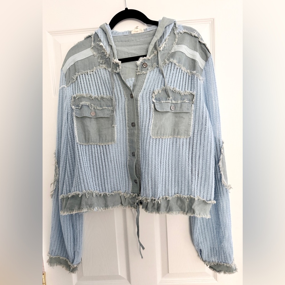 POL Distressed Blue Open-Knit Hooded Jacket, size large